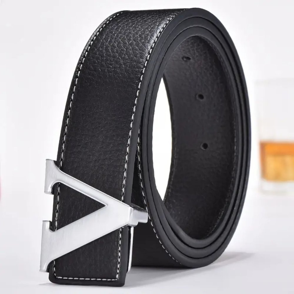 The Unisex Fashion Designer Leather Belt with Smooth Alloy V Buckle in Silver